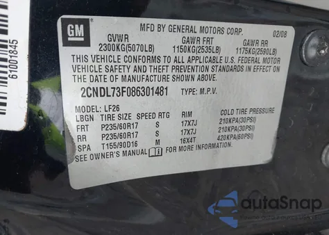 2008 Chevrolet Equinox Ltz from USA, damaged, VIN 2CNDL73F086301481